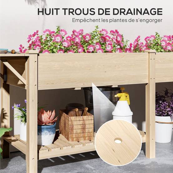 Grand potager sur pieds bois massif jardin 2 bacs avec étagère et tablette naturel - ComfortXL Outdoor Living - Image 9