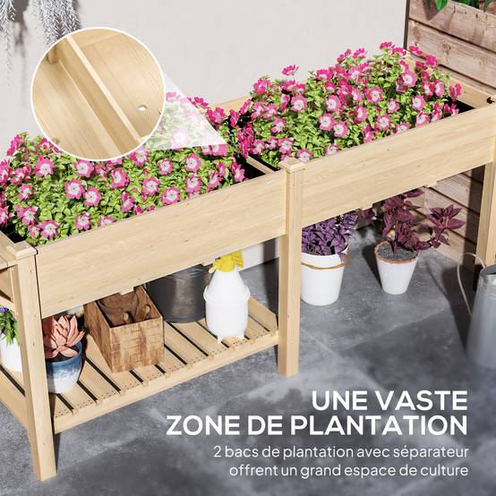 Grand potager sur pieds bois massif jardin 2 bacs avec étagère et tablette naturel - ComfortXL Outdoor Living - Image 6
