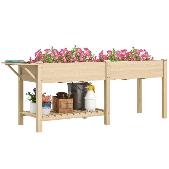 Grand potager sur pieds bois massif jardin 2 bacs avec étagère et tablette naturel - ComfortXL Outdoor Living - Image 1