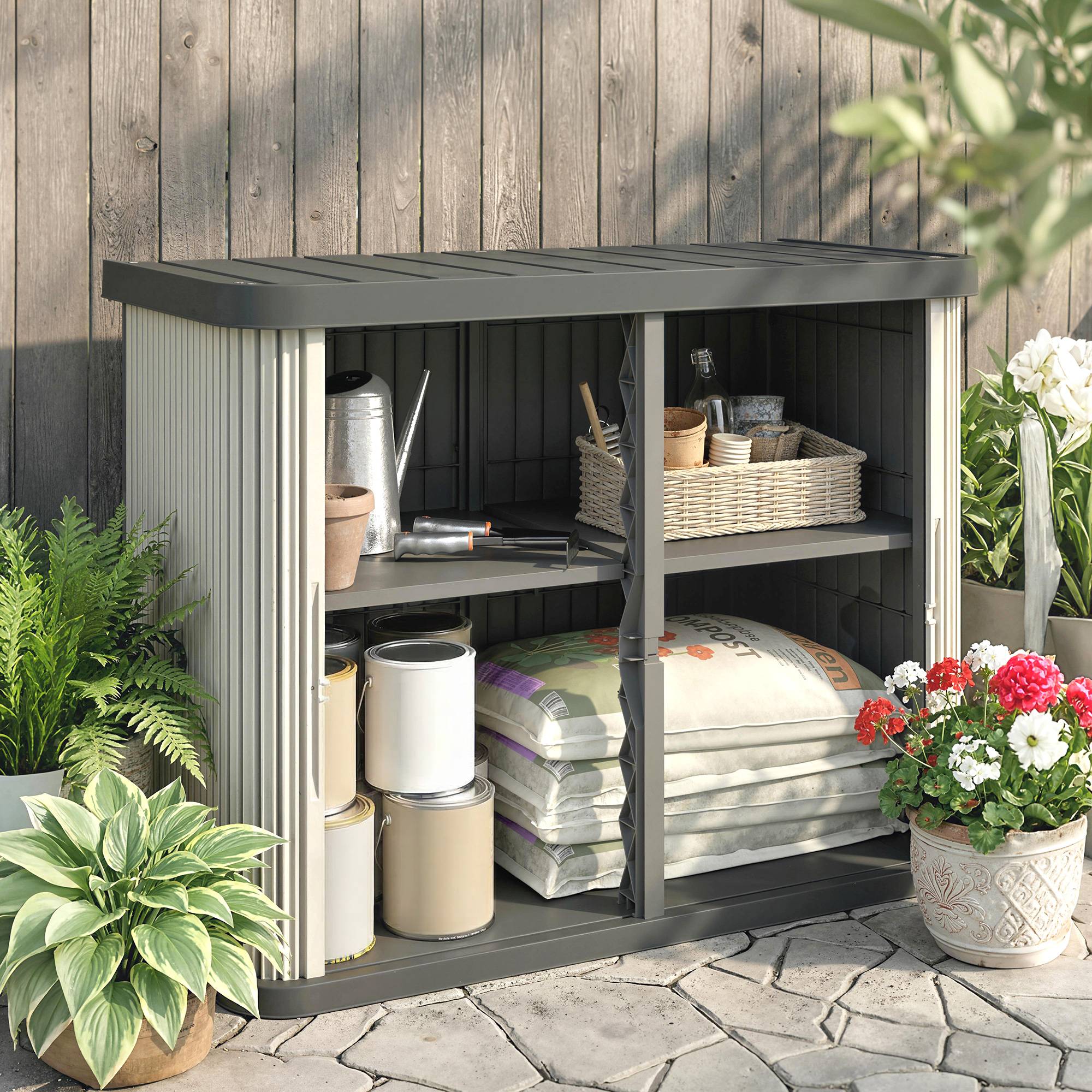 Coffre de Rangement Extérieur Résine Outils Jardin 2 Niveaux 120x59x92cm Marron - ComfortXL Outdoor Living - Image 4