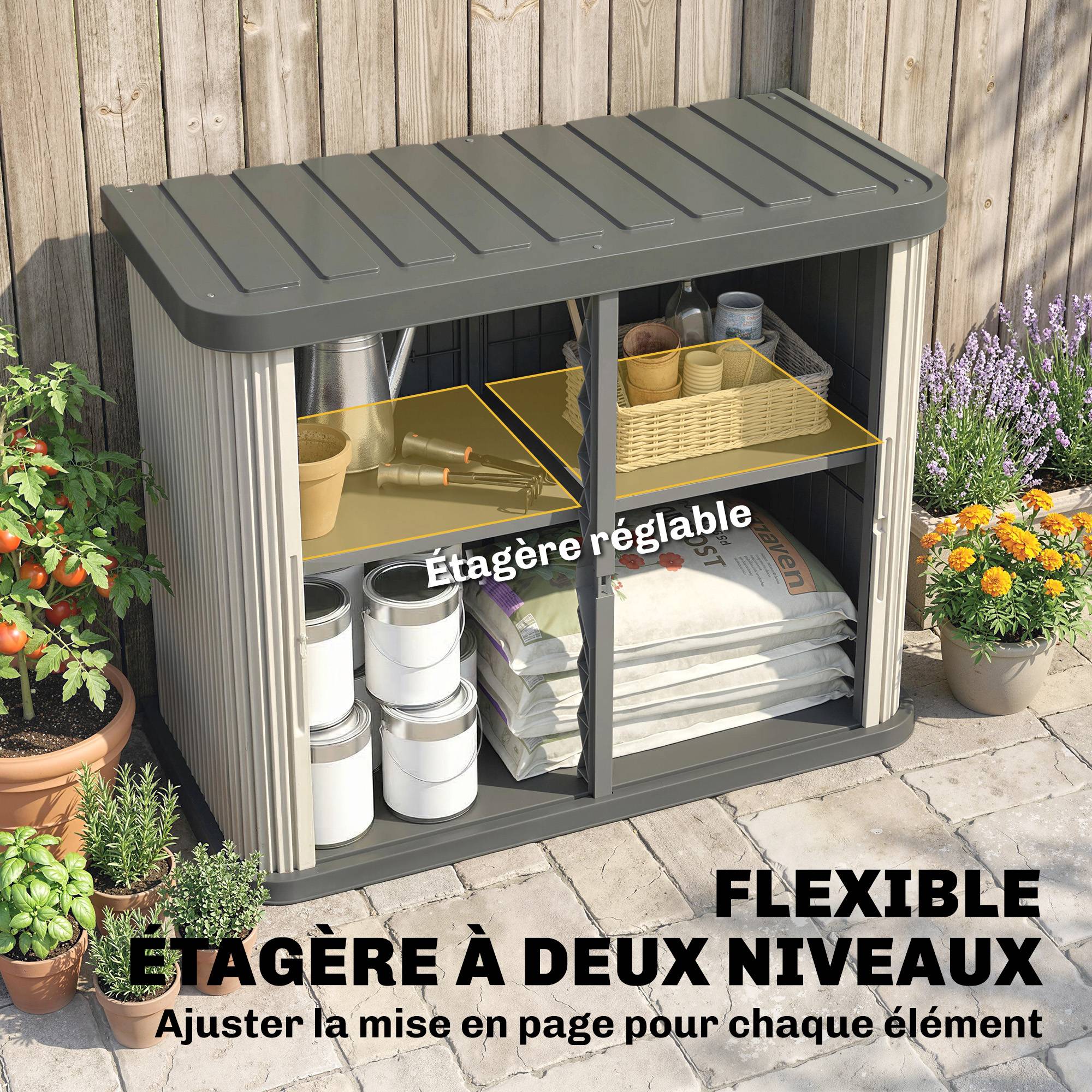 Coffre de Rangement Extérieur Résine Outils Jardin 2 Niveaux 120x59x92cm Marron - ComfortXL Outdoor Living - Image 7
