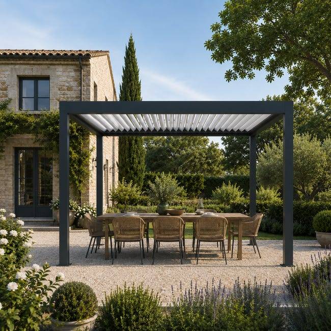 Pergola Bioclimatique Aluminium Autoportante Anthracite 4x3,5 Manuelle S ORIAL France - Image 5