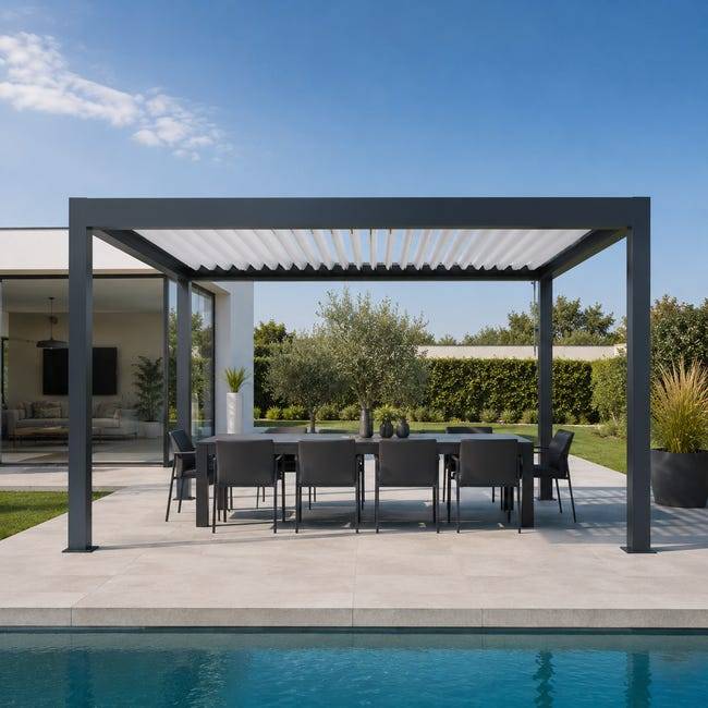 Pergola Bioclimatique Aluminium Autoportante Anthracite 4x3,5 Manuelle S ORIAL France - Image 1