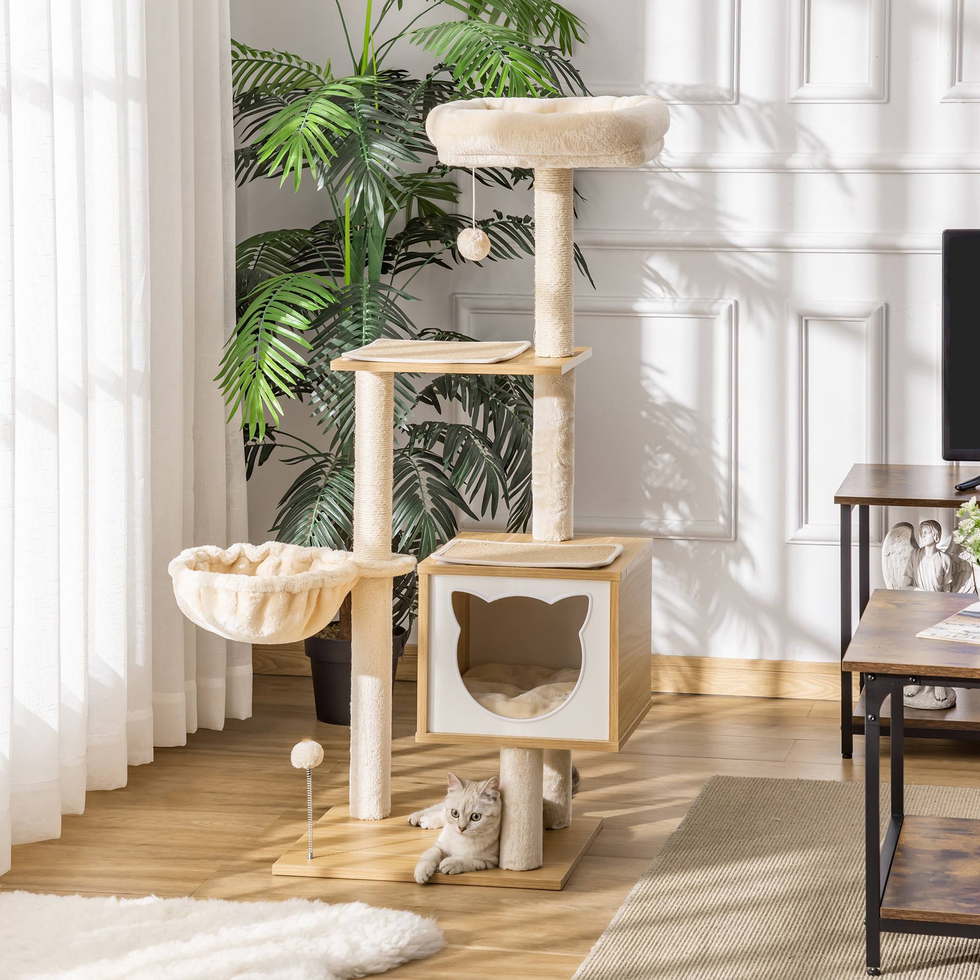 arbre à chat multifonction grotte hamac panier coussins amovibles 126 cm beige griffoir chat intérieur stable - Image 3