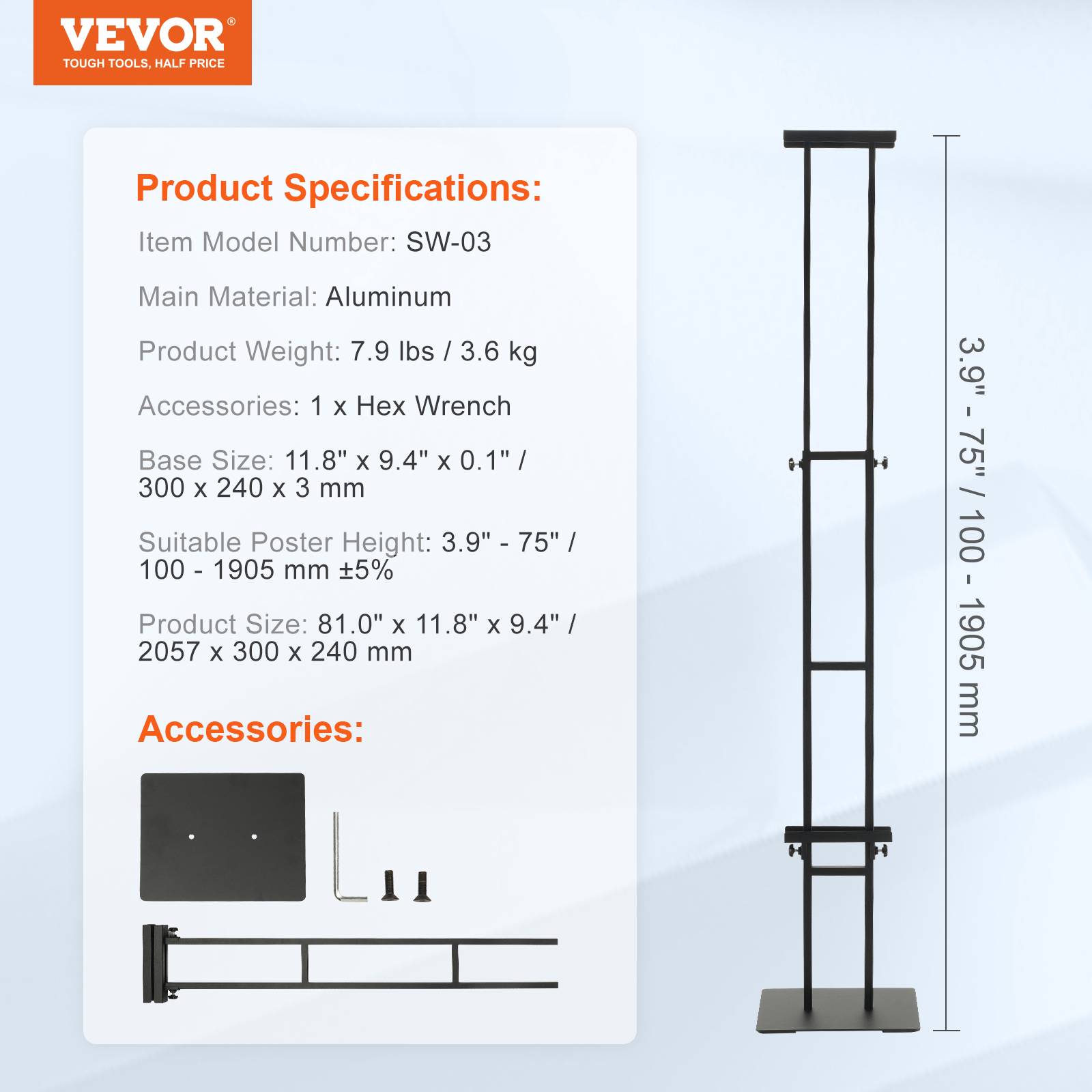 Vevor - VEVOR Porte-affiche hauteur réglable 10-190,5 mm, double-face, alu. Base stable, menu, mariage. - Image 7