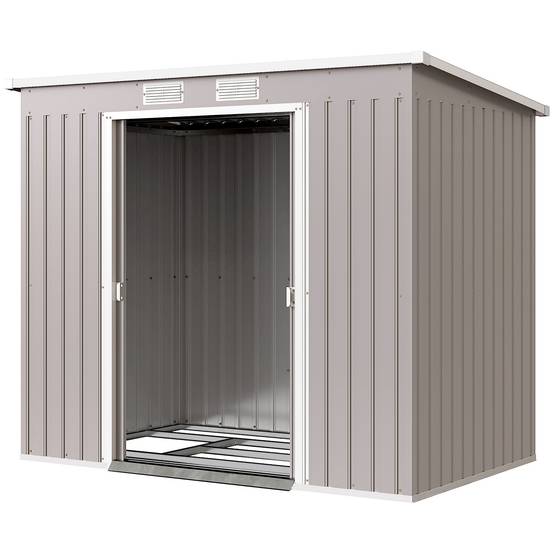 Abri de jardin extérieur 2,42 m² (213 x 130 x 172 cm) avec porte coulissante, toit en pente, base et 2 fenêtres, gris clair - Image 2