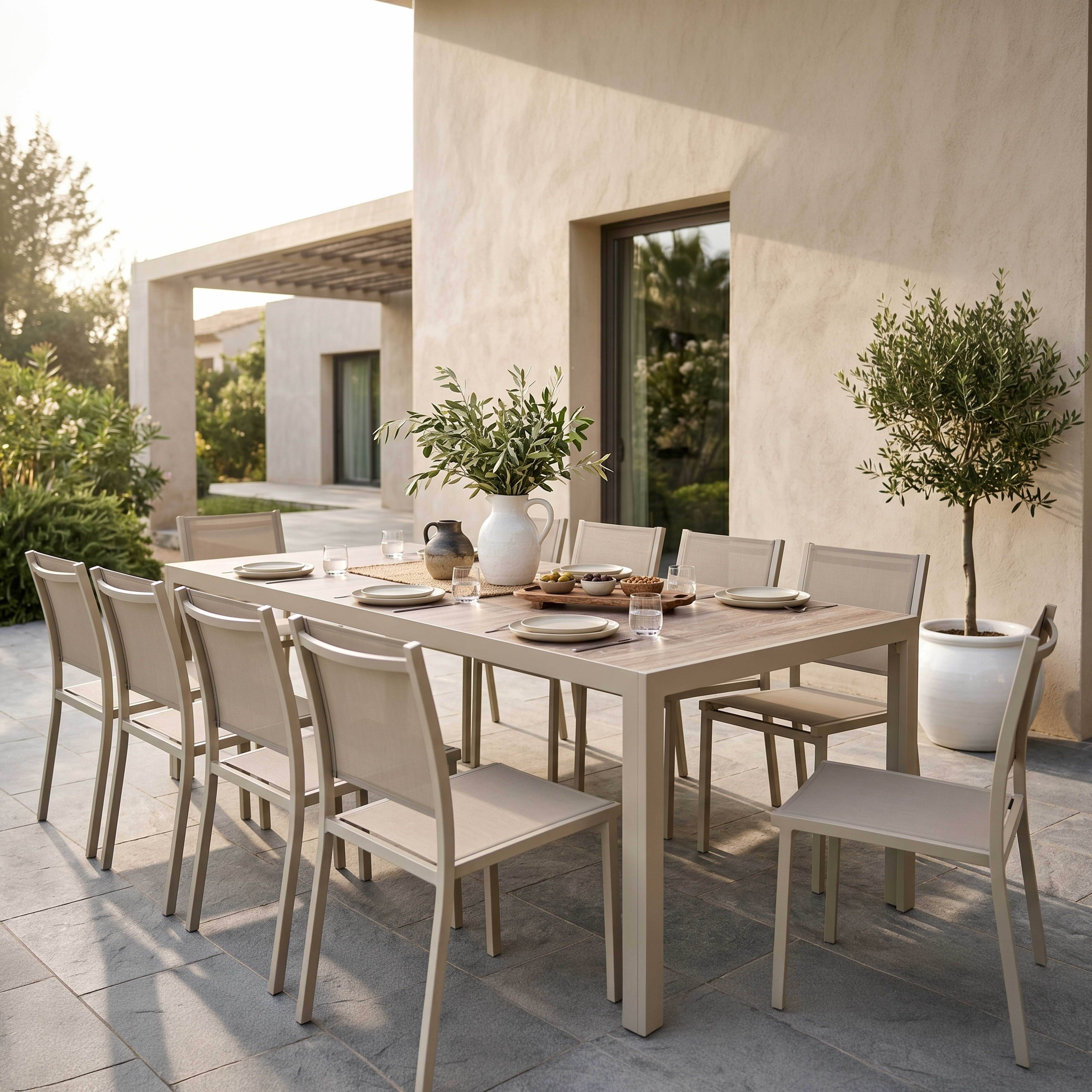 Oviala - Table jardin céramique effet bois 206 cm avec 10 chaises crème Tivoli - Oviala - Image 2
