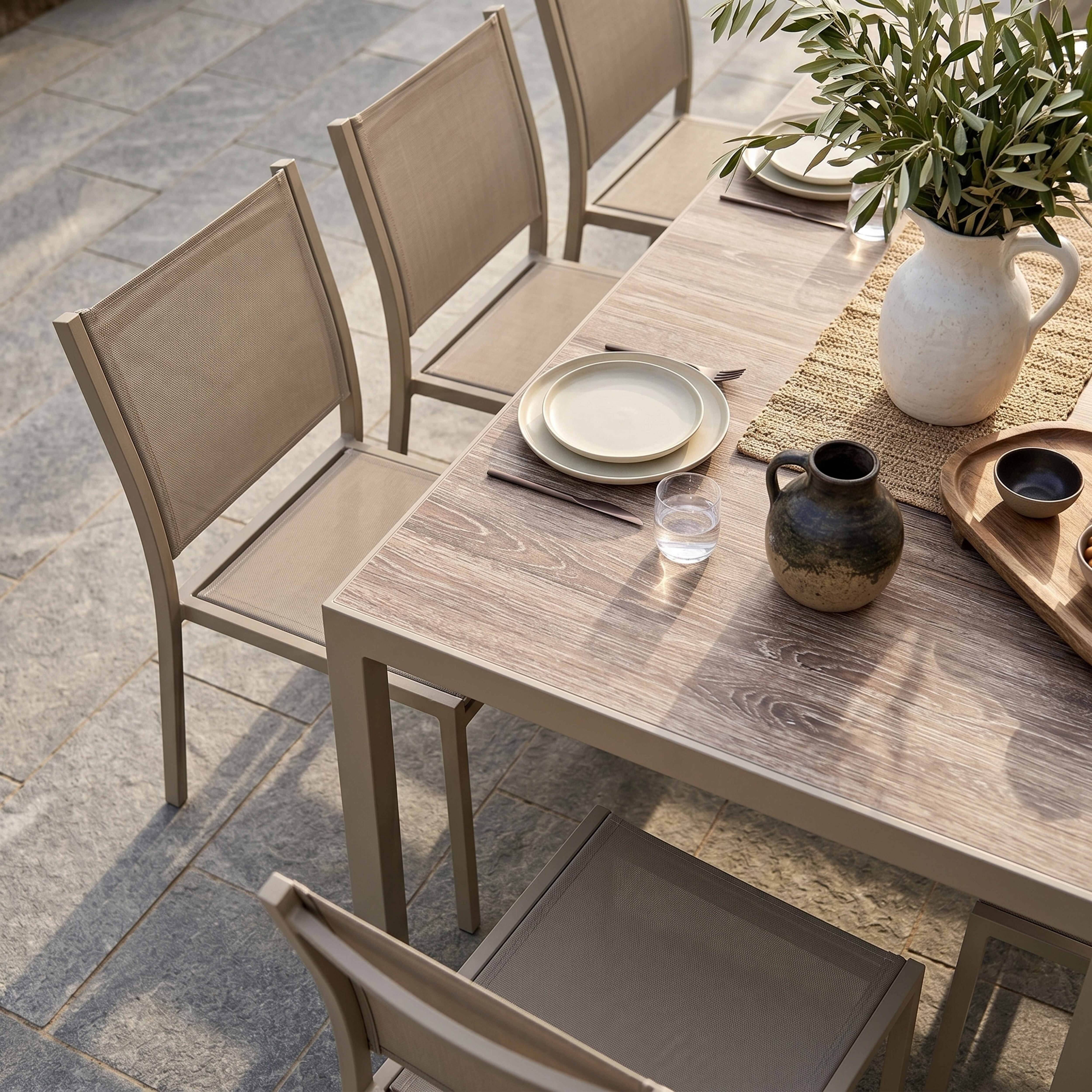 Oviala - Table jardin céramique effet bois 206 cm avec 10 chaises crème Tivoli - Oviala - Image 3