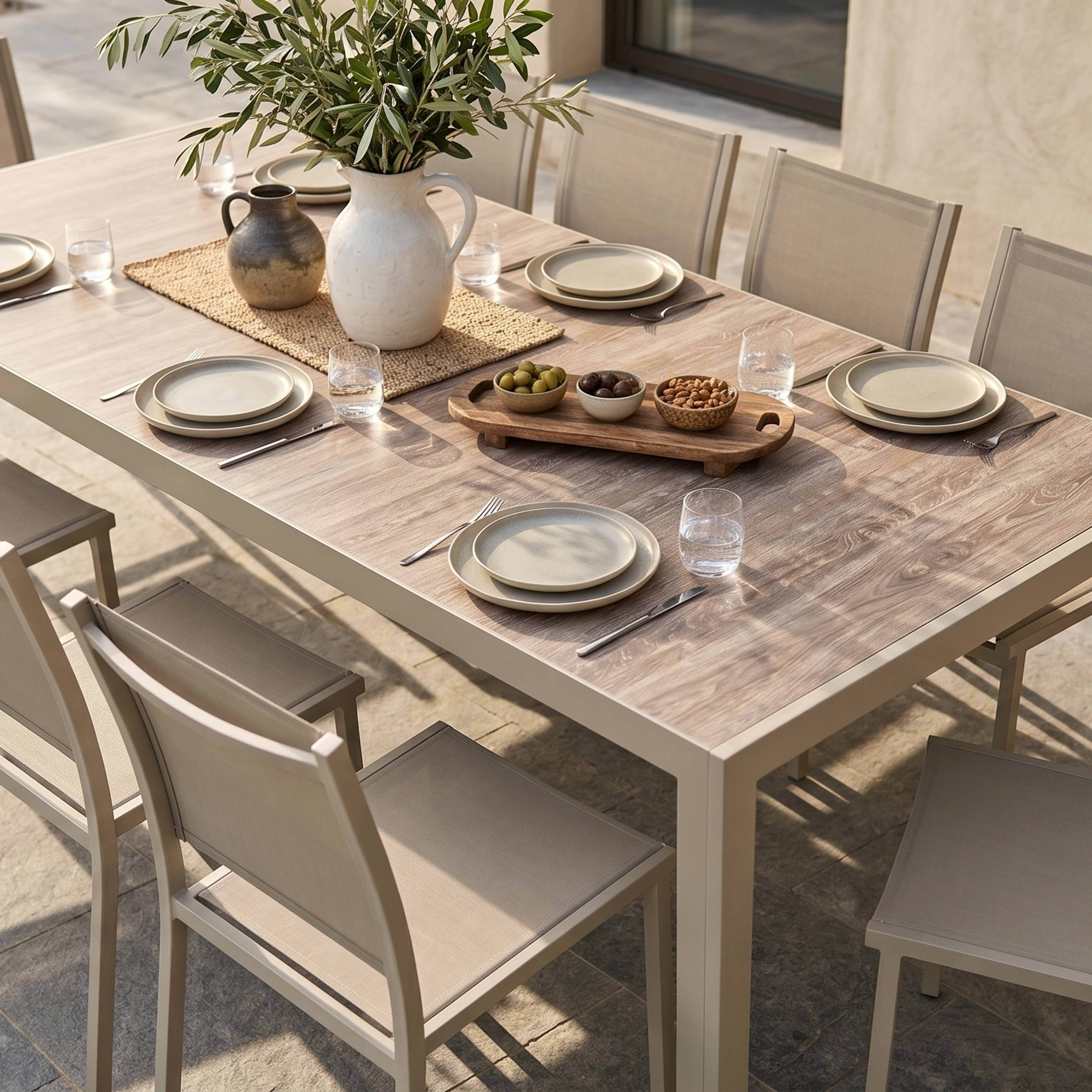 Oviala - Table jardin céramique effet bois 206 cm avec 10 chaises crème Tivoli - Oviala - Image 5
