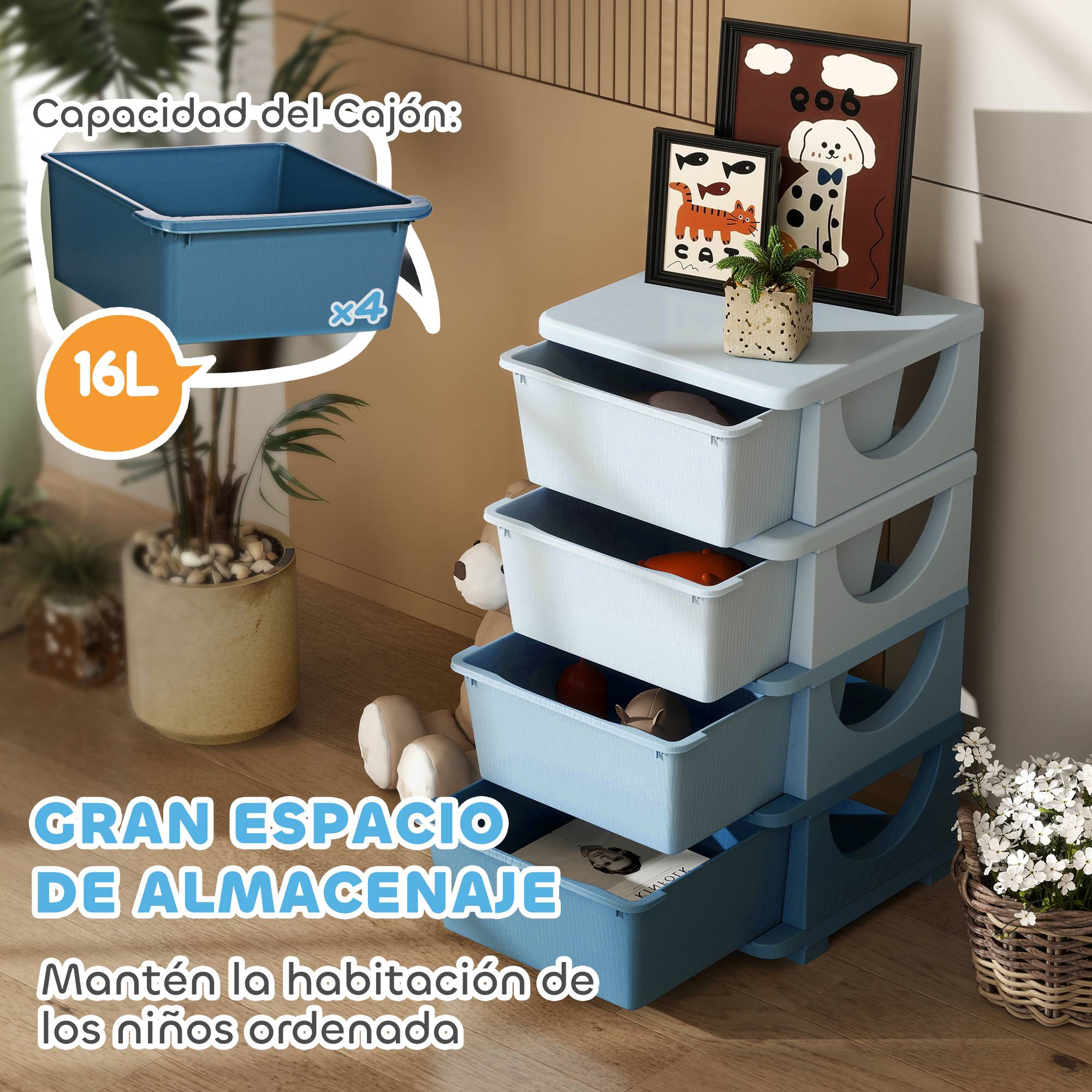 Tour de rangement pour enfants avec 4 tiroirs, pour enfants de 3 ans et plus, bords arrondis et poignées, 37 x 37 x 76 cm, bleue - Image 6