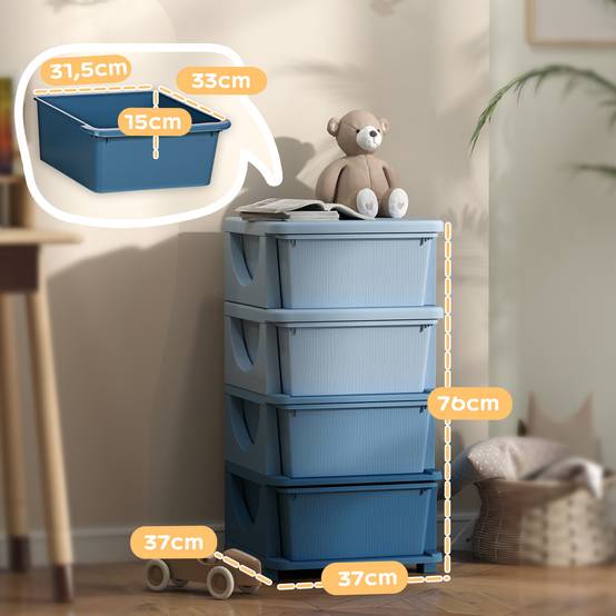 Tour de rangement pour enfants avec 4 tiroirs, pour enfants de 3 ans et plus, bords arrondis et poignées, 37 x 37 x 76 cm, bleue - Image 5