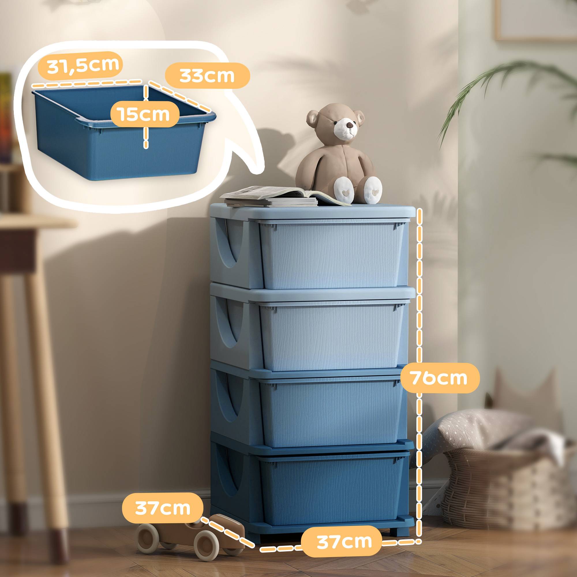 Tour de rangement pour enfants avec 4 tiroirs, pour enfants de 3 ans et plus, bords arrondis et poignées, 37 x 37 x 76 cm, bleue - Image 5