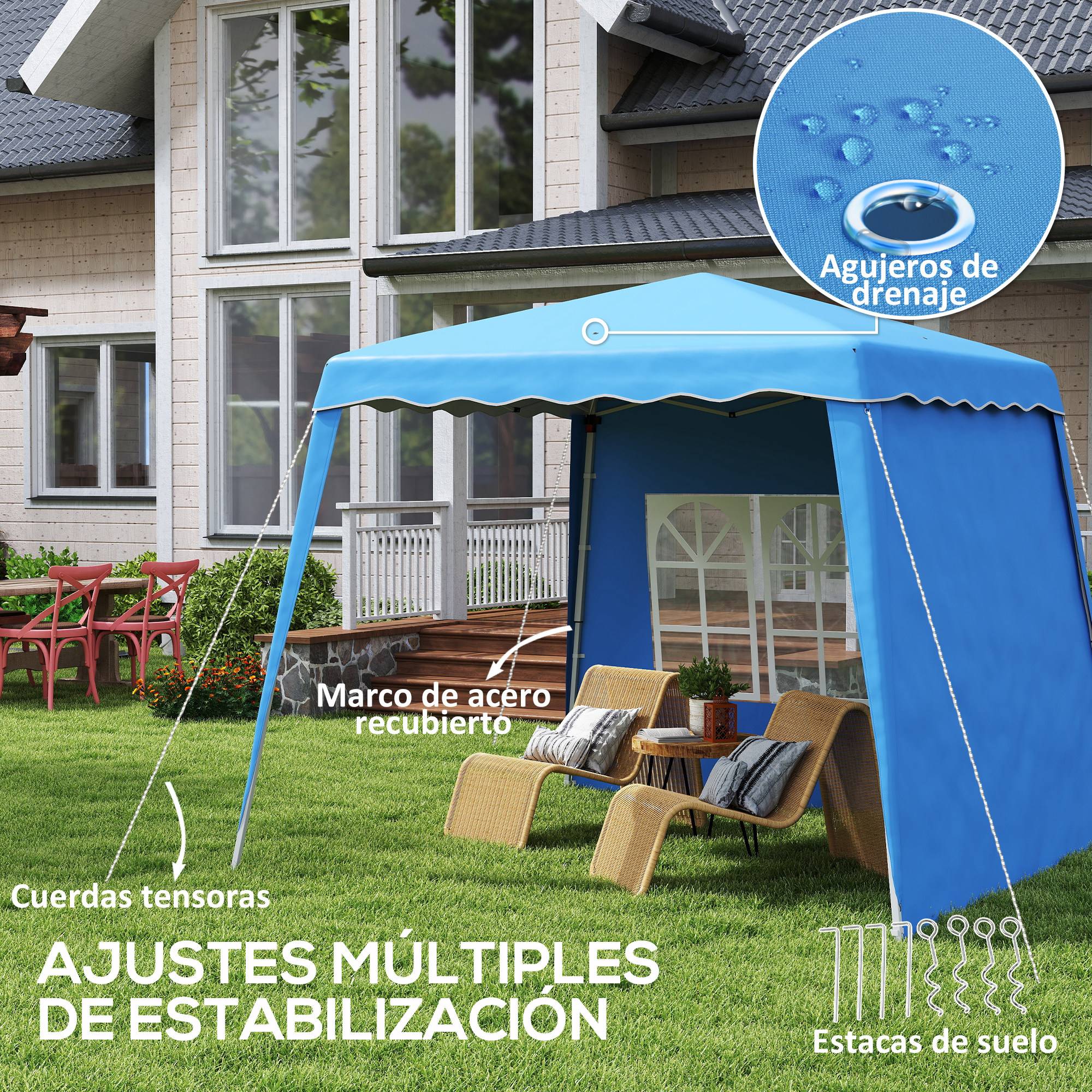 ComfortXL - Tonnelle pliante pop-up acier jardin 2 parois hauteur réglable 2,89 x 2,89 m bleu - ComfortXL Outdoor Living - Image 9