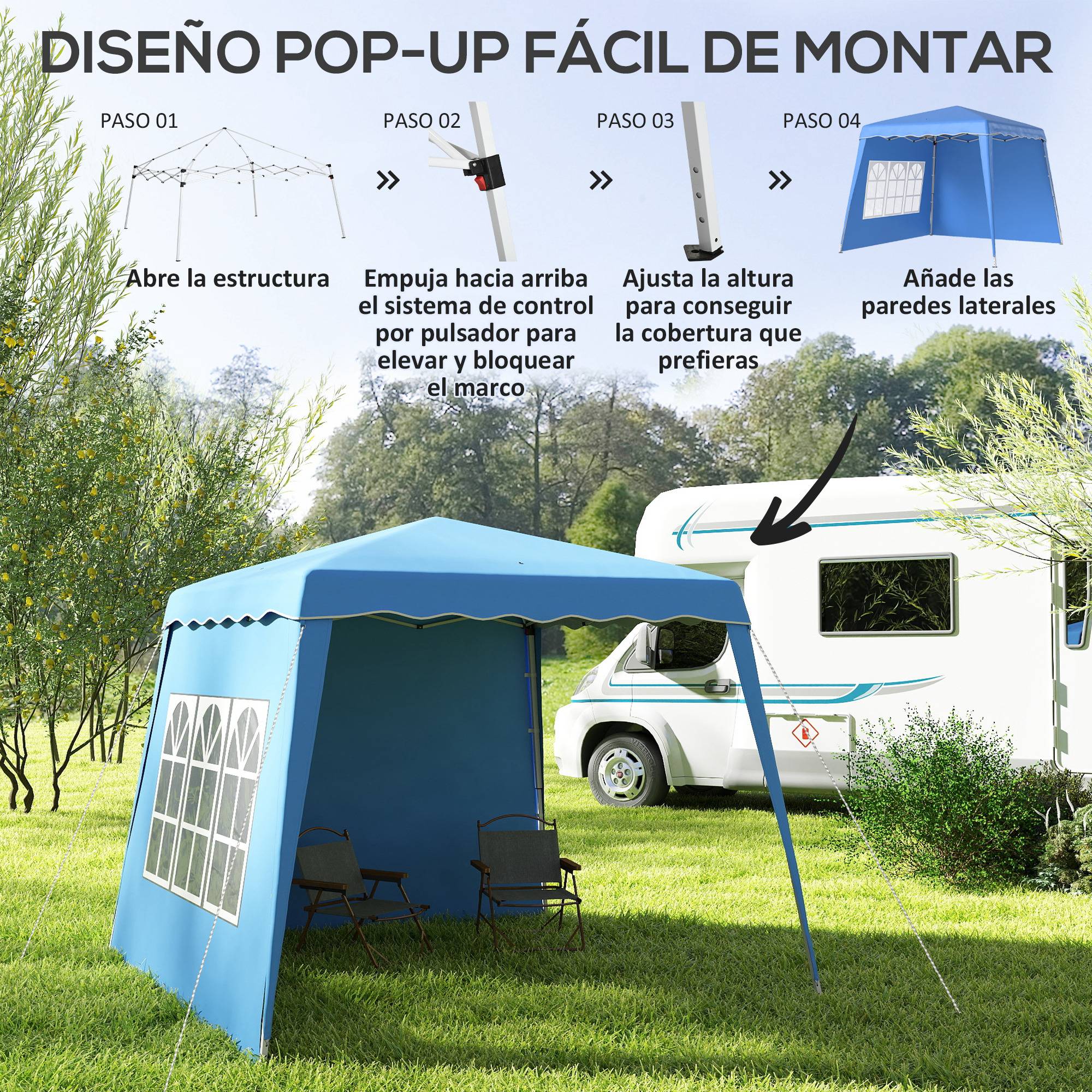 ComfortXL - Tonnelle pliante pop-up acier jardin 2 parois hauteur réglable 2,89 x 2,89 m bleu - ComfortXL Outdoor Living - Image 7