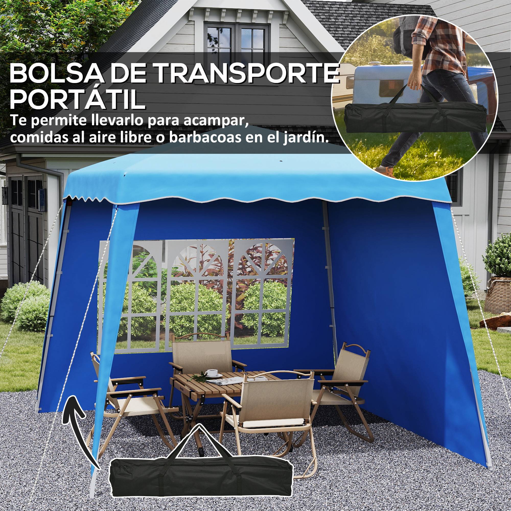 ComfortXL - Tonnelle pliante pop-up acier jardin 2 parois hauteur réglable 2,89 x 2,89 m bleu - ComfortXL Outdoor Living - Image 10