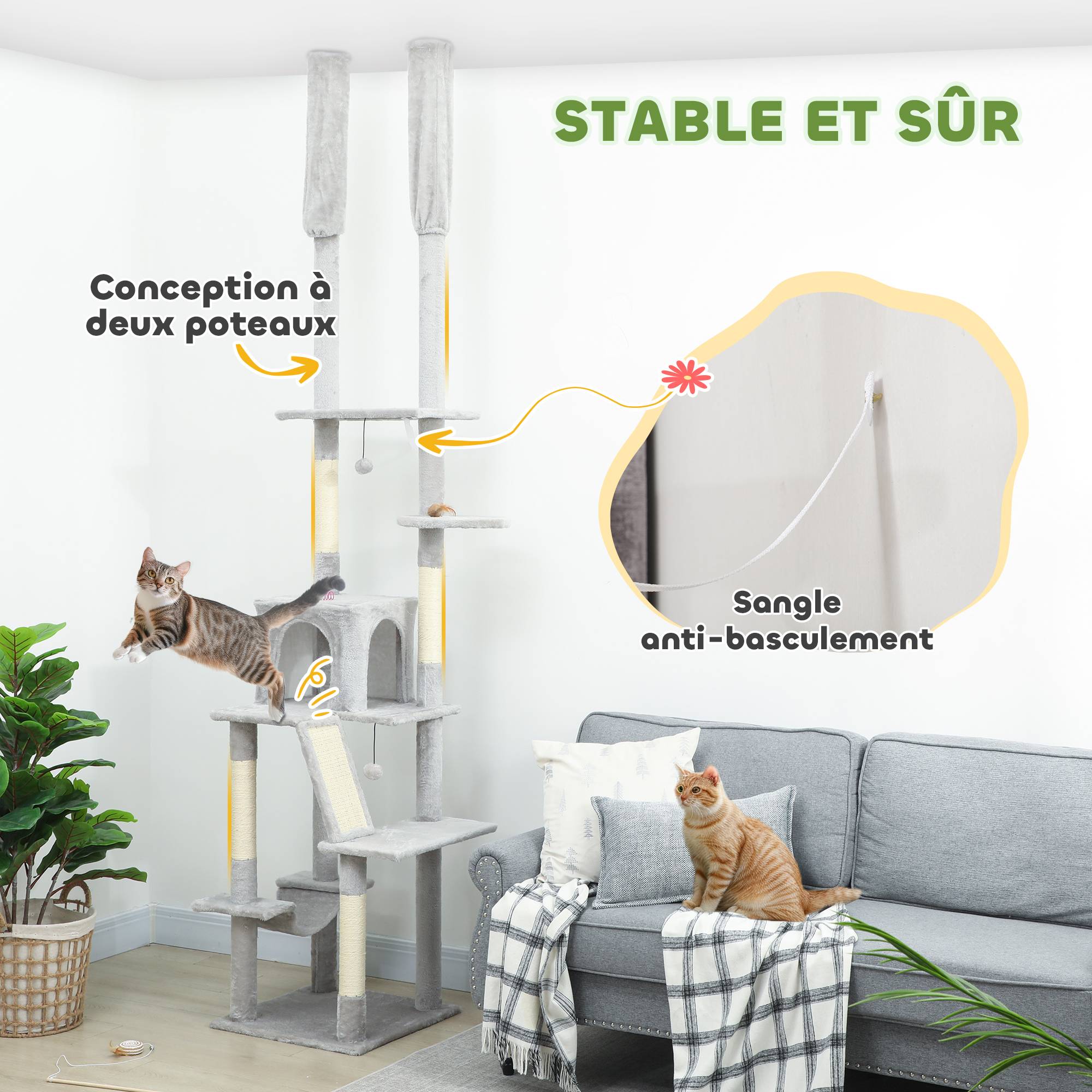Arbre à chat plafond sisal et peluche gris clair 48 x 48 x 255 cm - PANGIVO - Image 6