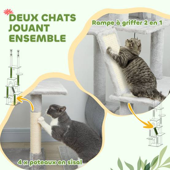 Arbre à chat plafond sisal et peluche gris clair 48 x 48 x 255 cm - PANGIVO - Image 10