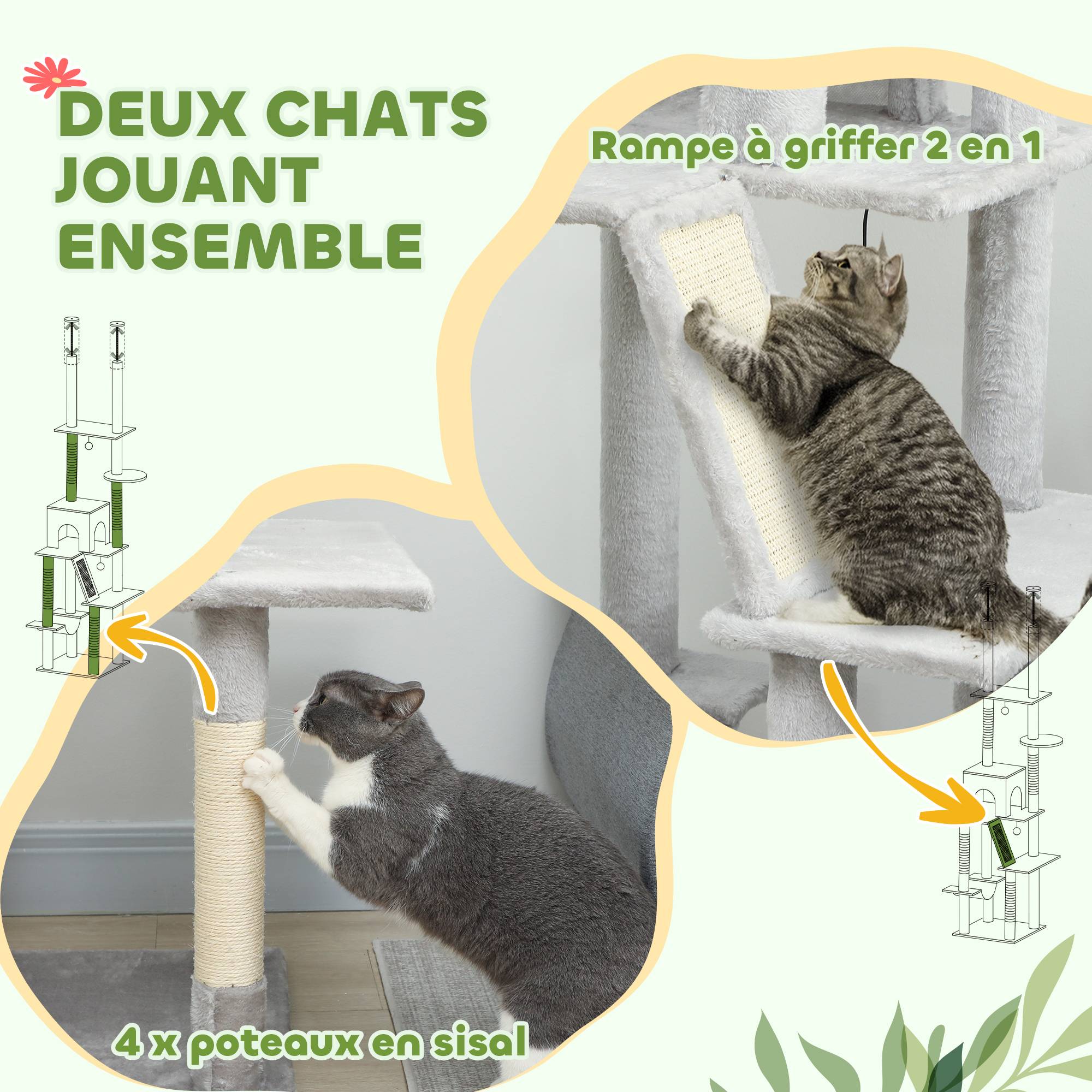 Arbre à chat plafond sisal et peluche gris clair 48 x 48 x 255 cm - PANGIVO - Image 10