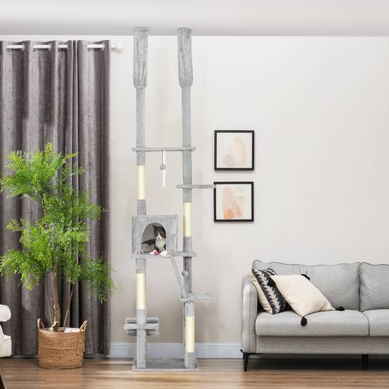 Arbre à chat plafond sisal et peluche gris clair 48 x 48 x 255 cm - PANGIVO - Image 4