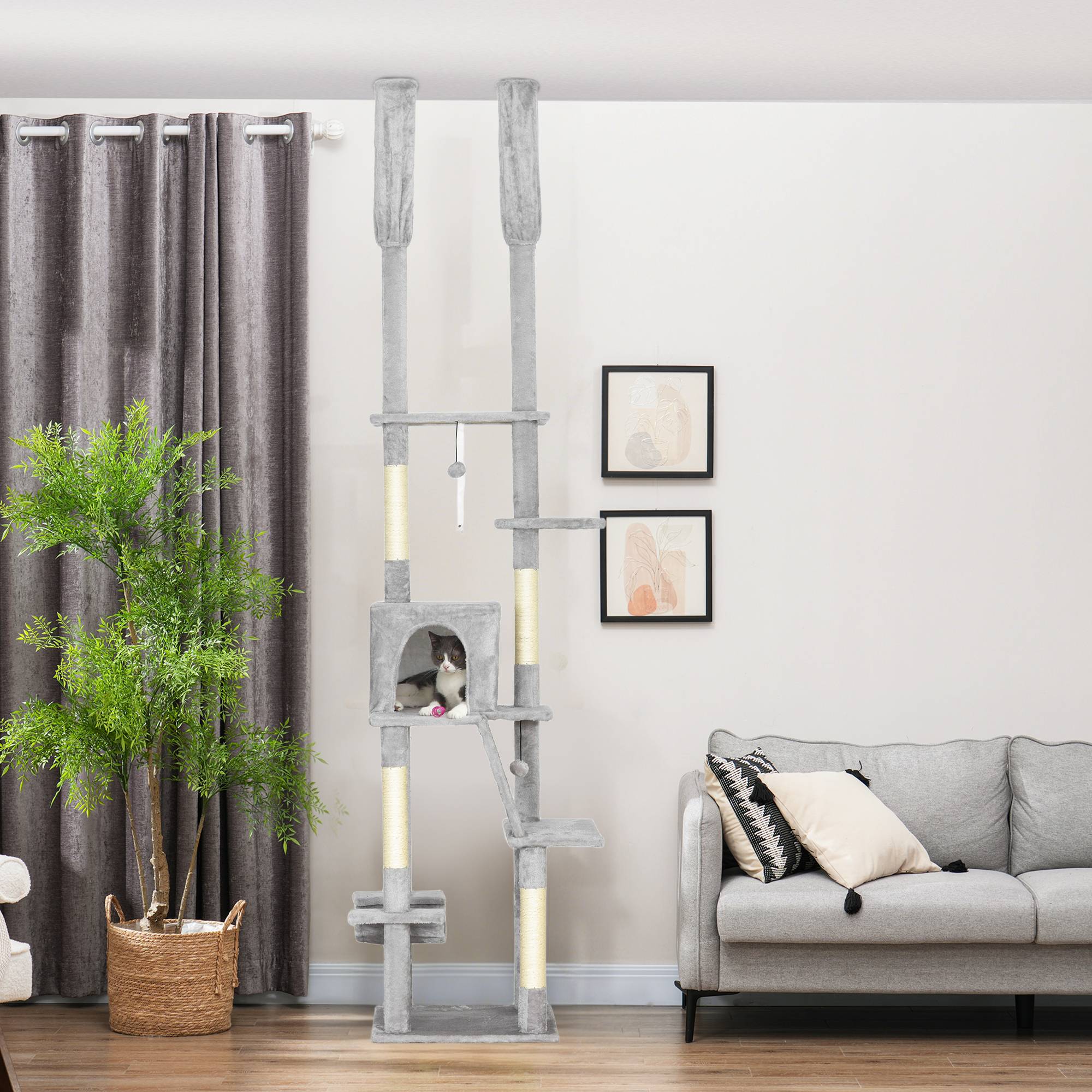 Arbre à chat plafond sisal et peluche gris clair 48 x 48 x 255 cm - PANGIVO - Image 4