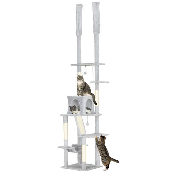 Arbre à chat plafond sisal et peluche gris clair 48 x 48 x 255 cm - PANGIVO - Image 1