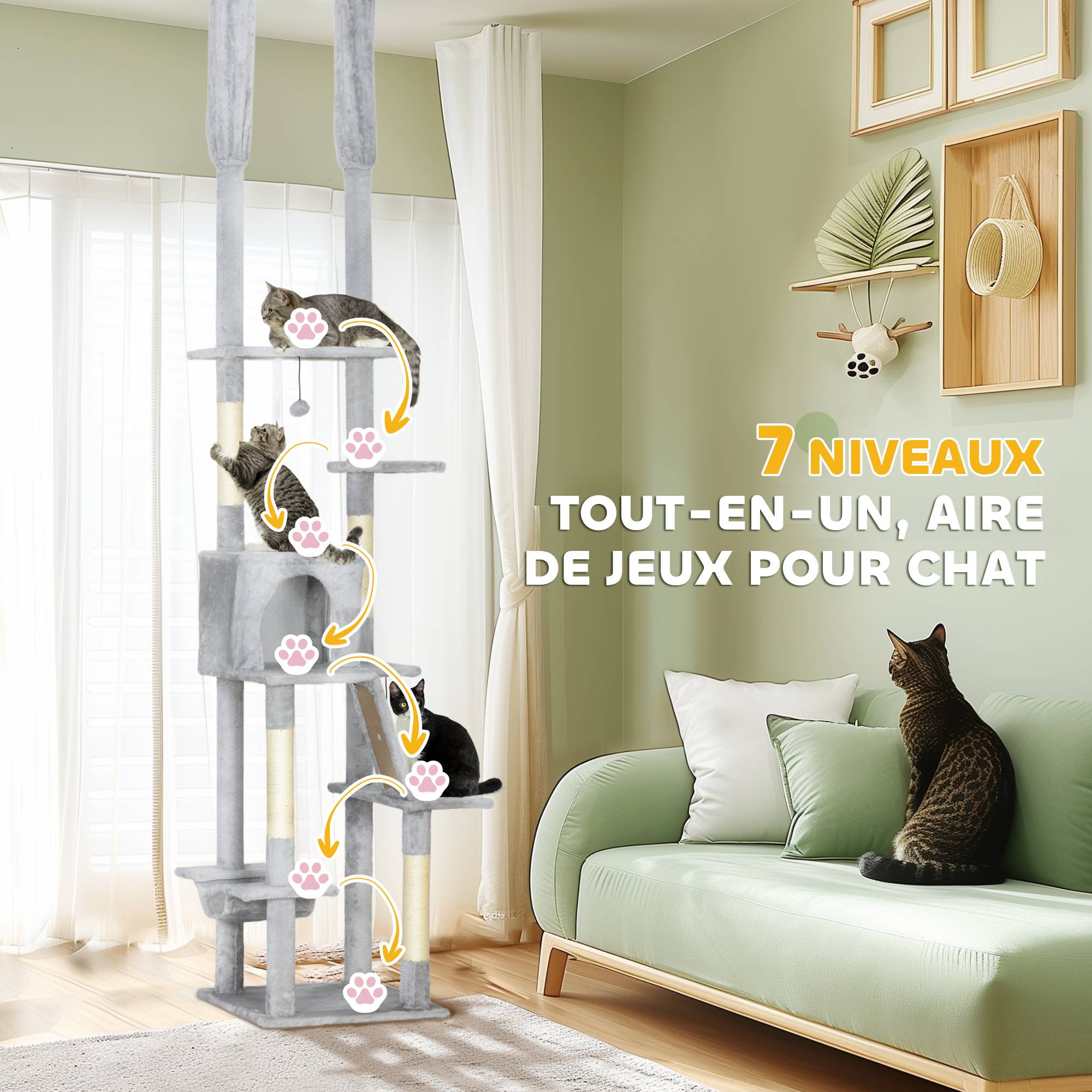 Arbre à chat plafond sisal et peluche gris clair 48 x 48 x 255 cm - PANGIVO - Image 9