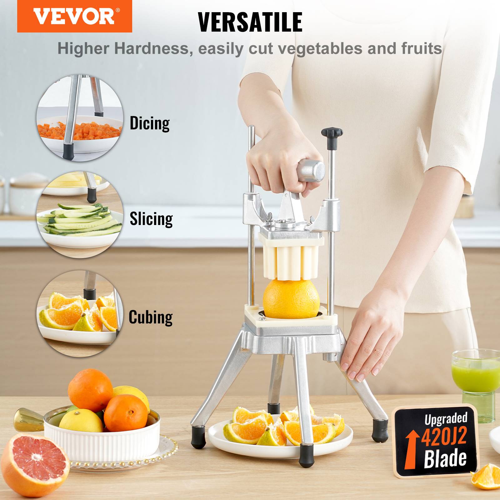 VEVOR Coupe-frites manuel, 4 lames inox 12.7/6.4/9.5mm, coupeur 6 quartiers, cuisine, restaurant. - Image 2