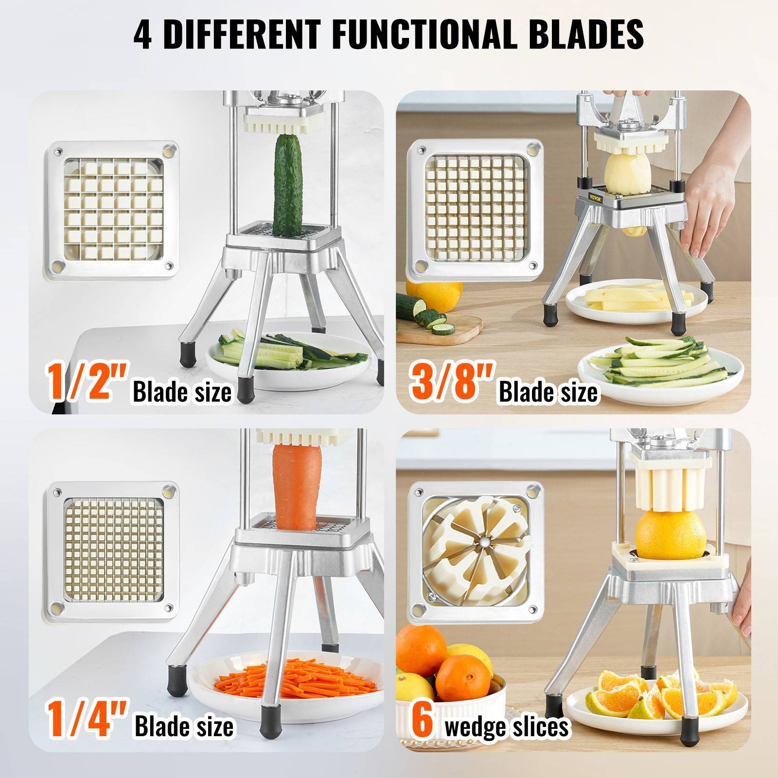 VEVOR Coupe-frites manuel, 4 lames inox 12.7/6.4/9.5mm, coupeur 6 quartiers, cuisine, restaurant. - Image 3