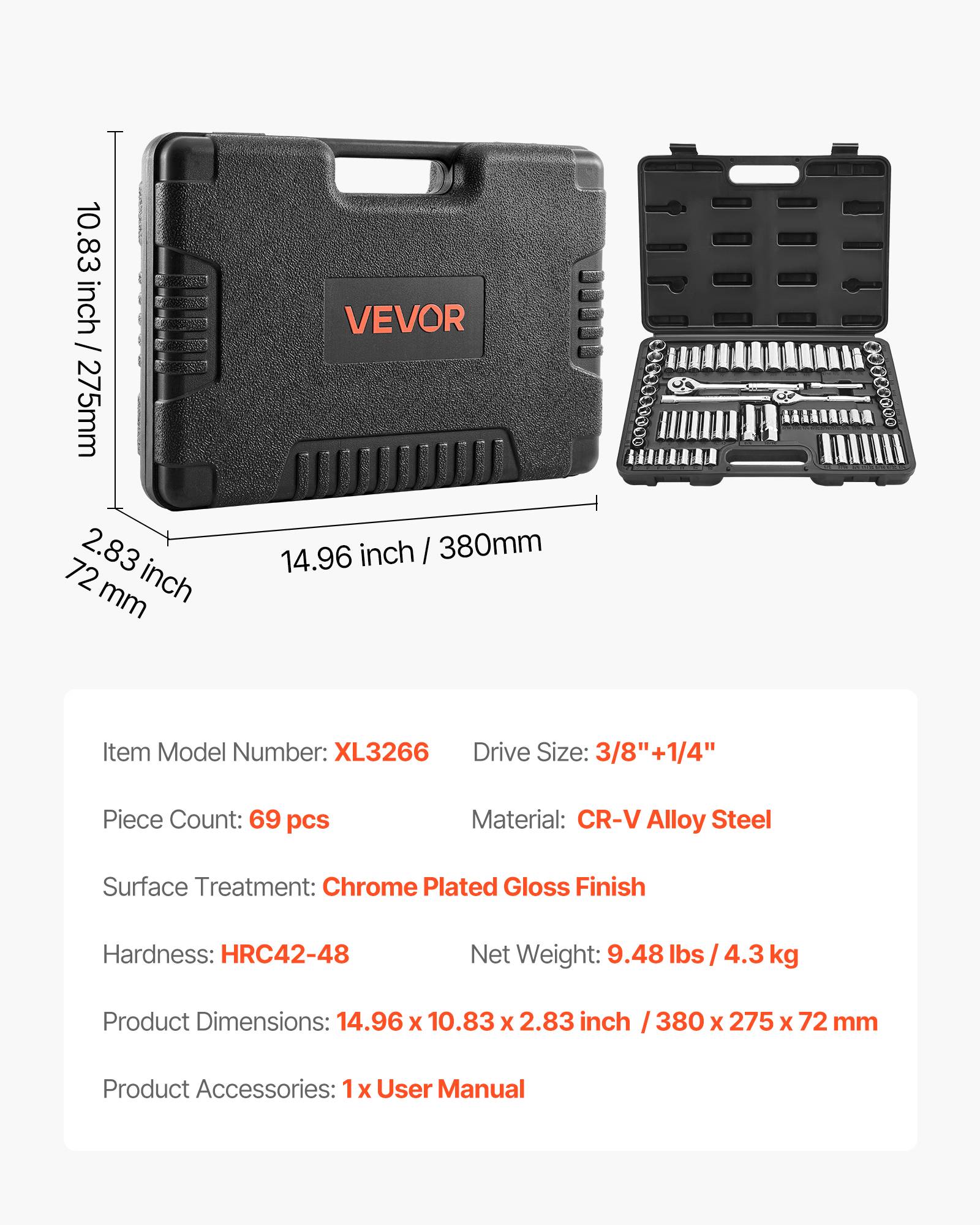 Vevor - VEVOR Kit de douilles 69 pièces SAE et métriques, clé à cliquet 3/8" et 1/4", acier CR-V chromé, coffret robuste. - Image 6