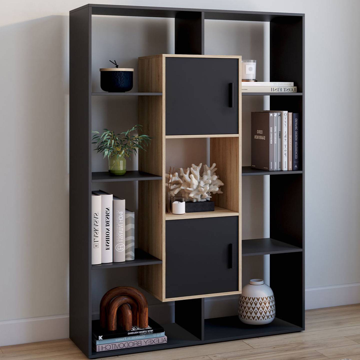 Etagère bibliothèque COLETTE avec 11 compartiments et 2 cases noir et effet bois 143 cm - Image 1