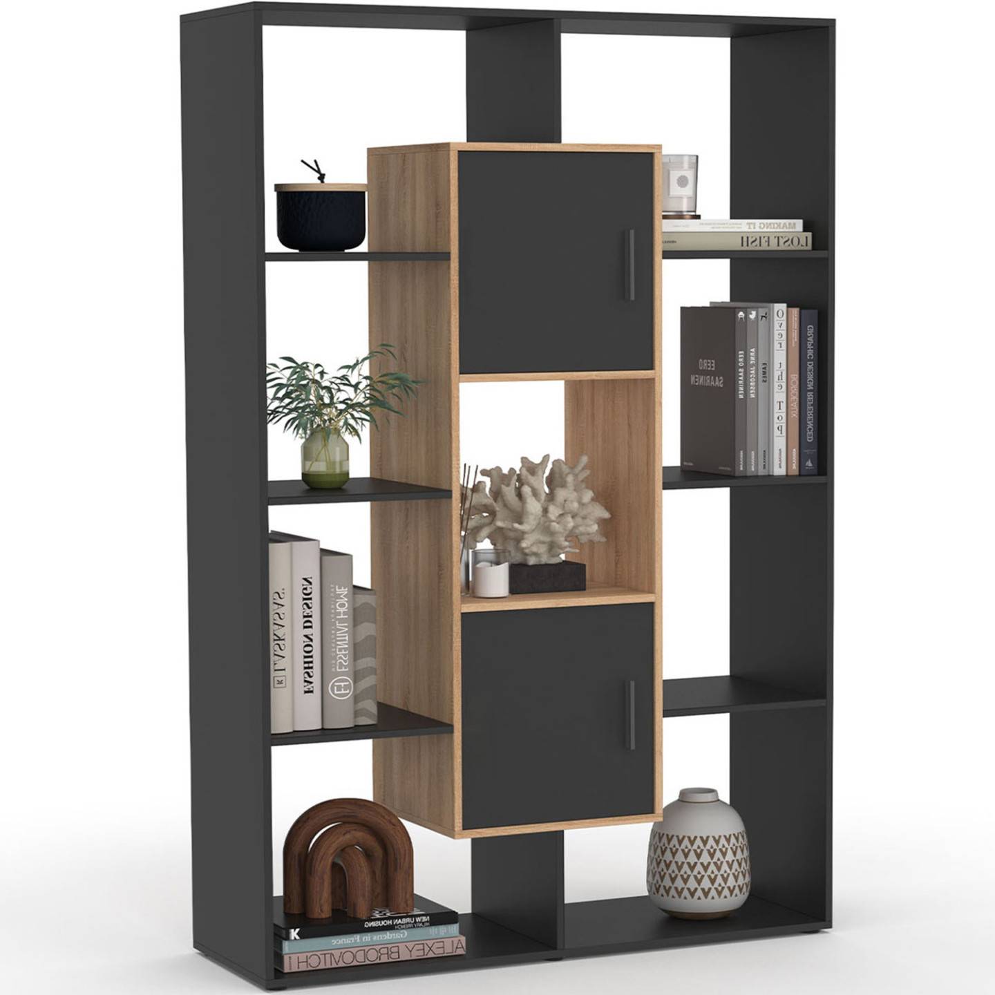 Etagère bibliothèque COLETTE avec 11 compartiments et 2 cases noir et effet bois 143 cm - Image 2