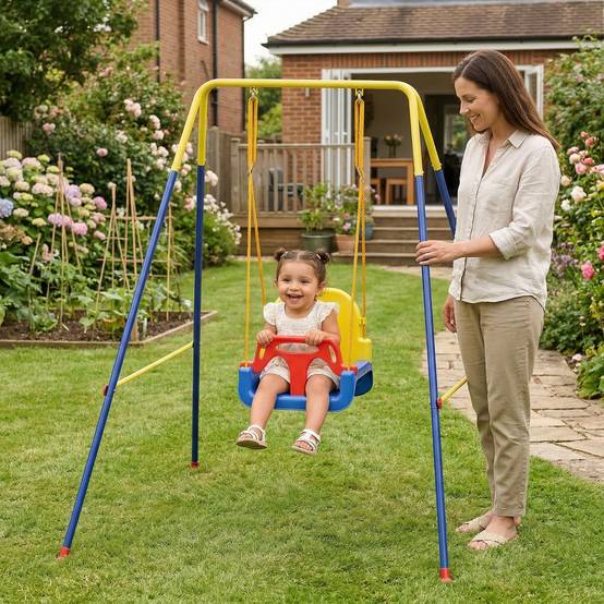 Balançoire jardin réglable enfants dossier barrière acier polypropylène 128x155x157 cm bleue - Image 3