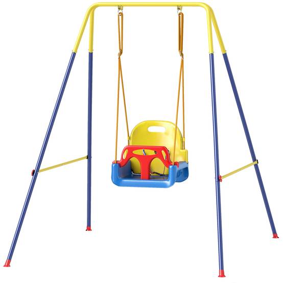 Balançoire jardin réglable enfants dossier barrière acier polypropylène 128x155x157 cm bleue - Image 2