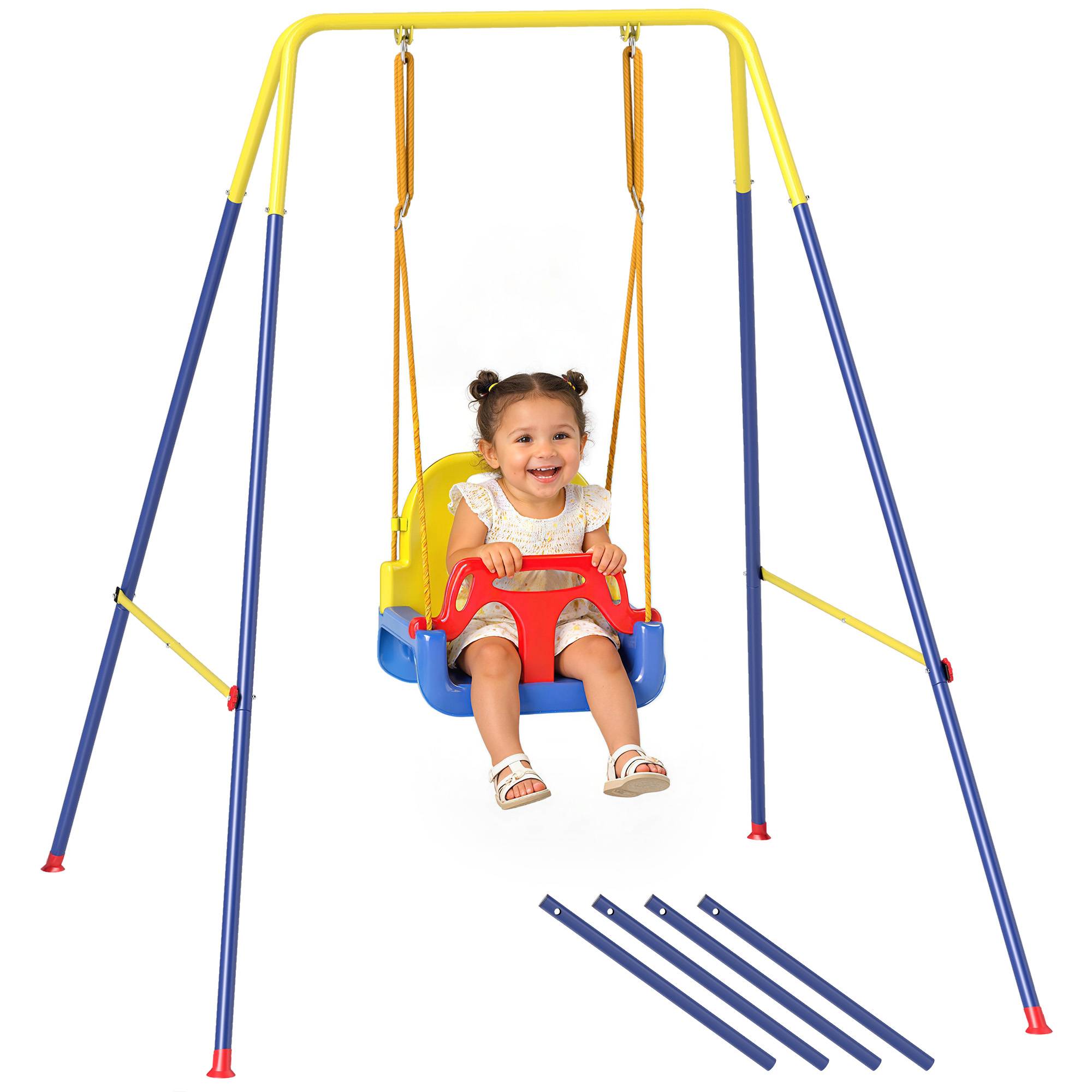 Balançoire jardin réglable enfants dossier barrière acier polypropylène 128x155x157 cm bleue - Image 1