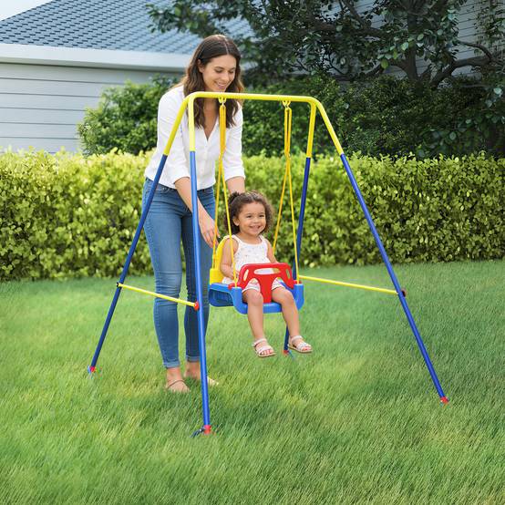 Balançoire jardin réglable enfants dossier barrière acier polypropylène 128x155x157 cm bleue - Image 4