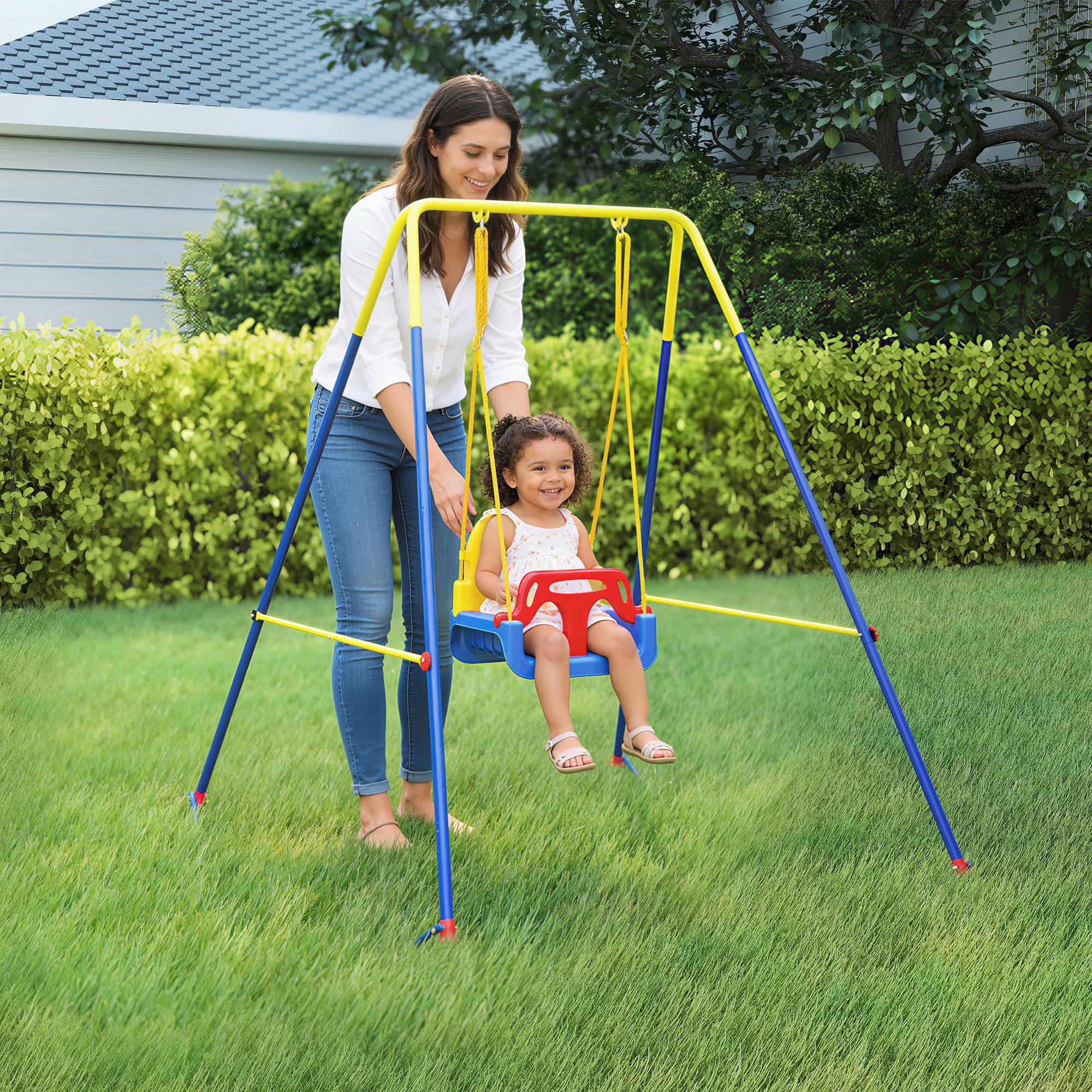 Balançoire jardin réglable enfants dossier barrière acier polypropylène 128x155x157 cm bleue - Image 4
