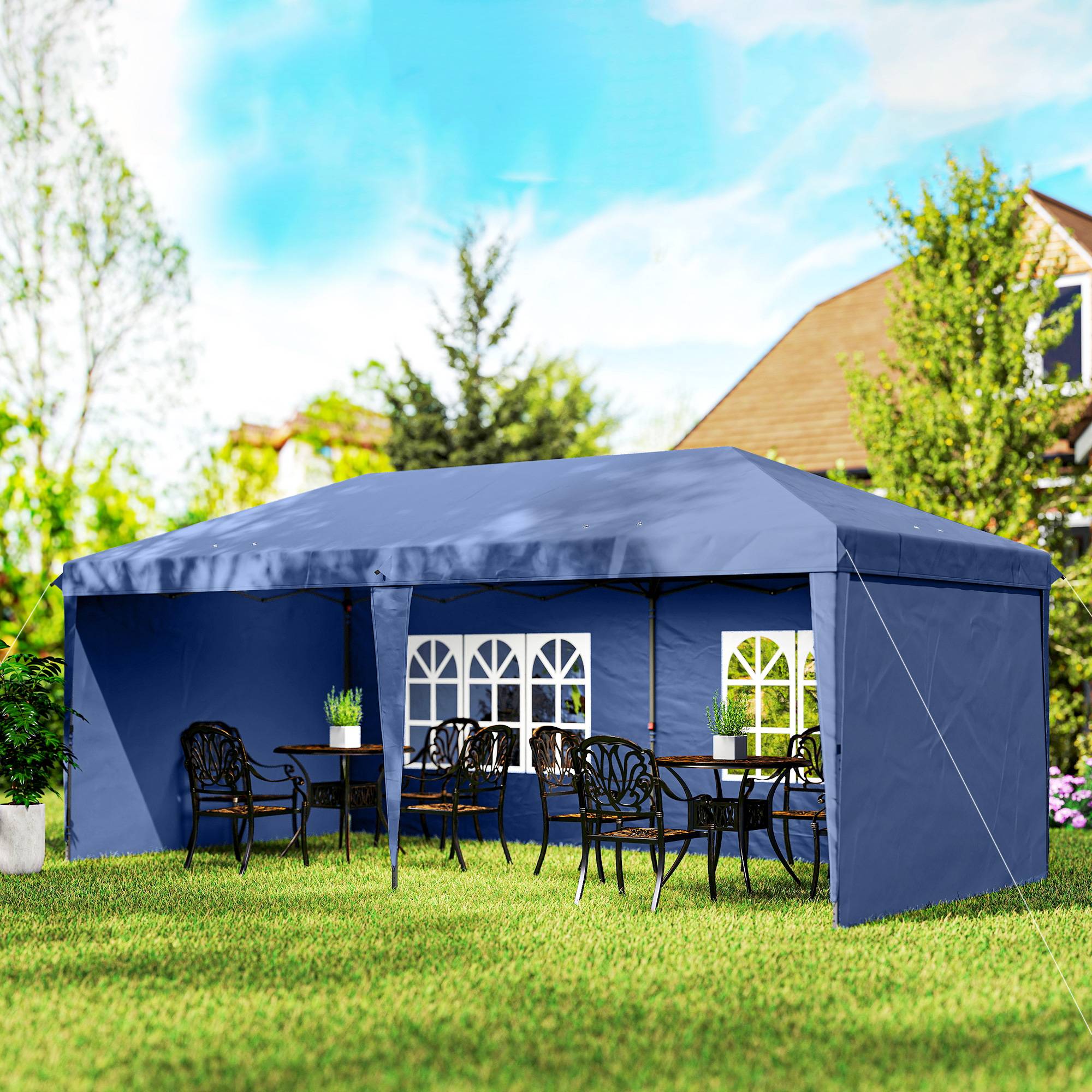 Tente bleue 6x3 m pop-up avec 4 côtés détachables et 2 fenêtres, abri design sobre pour jardin pratique et modulable - Image 4
