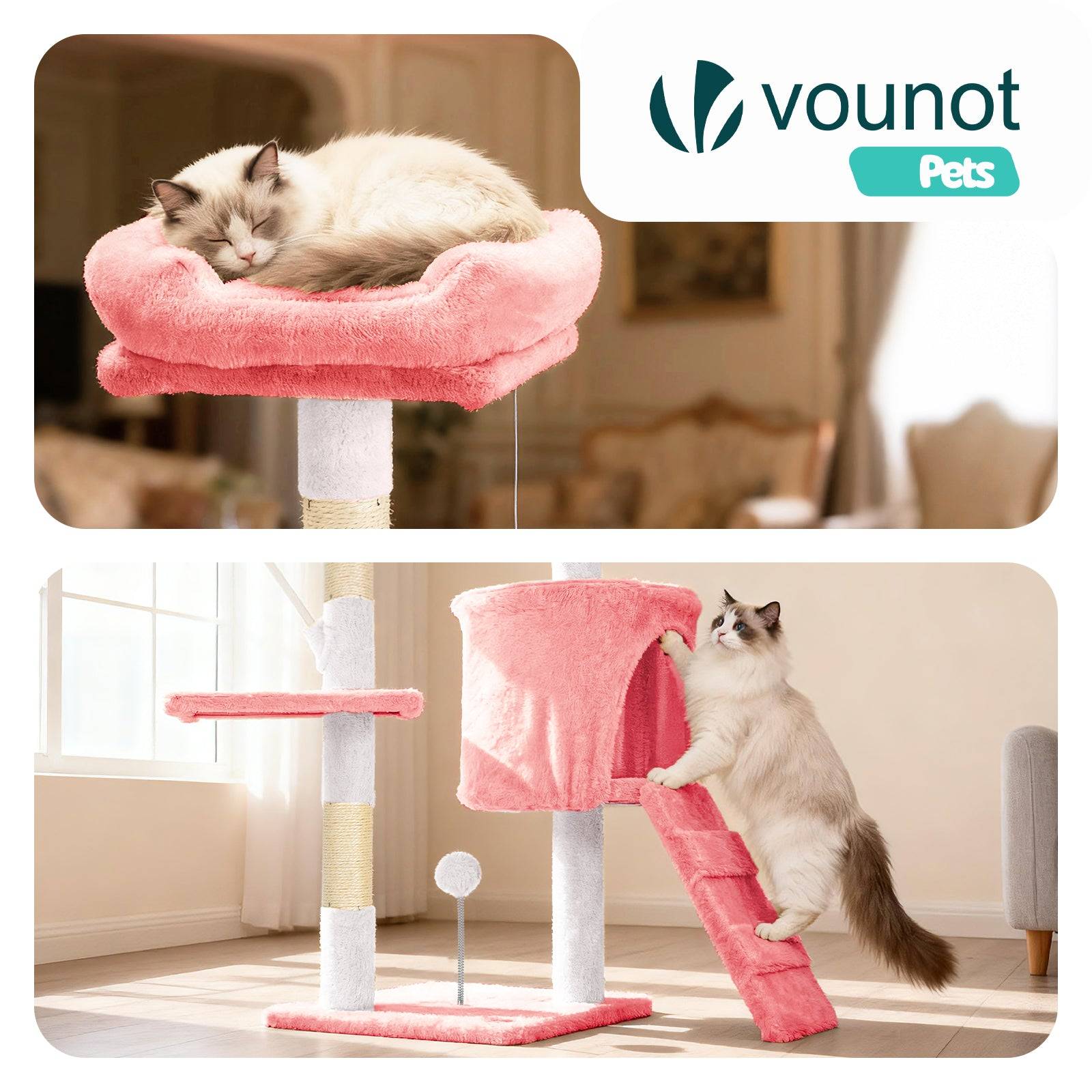Vounot - Arbre à chat 112cm multi niveaux rose - avec griffoir, niche, jouet et plateforme - arbre à grimper - VOUNOT® - Image 6