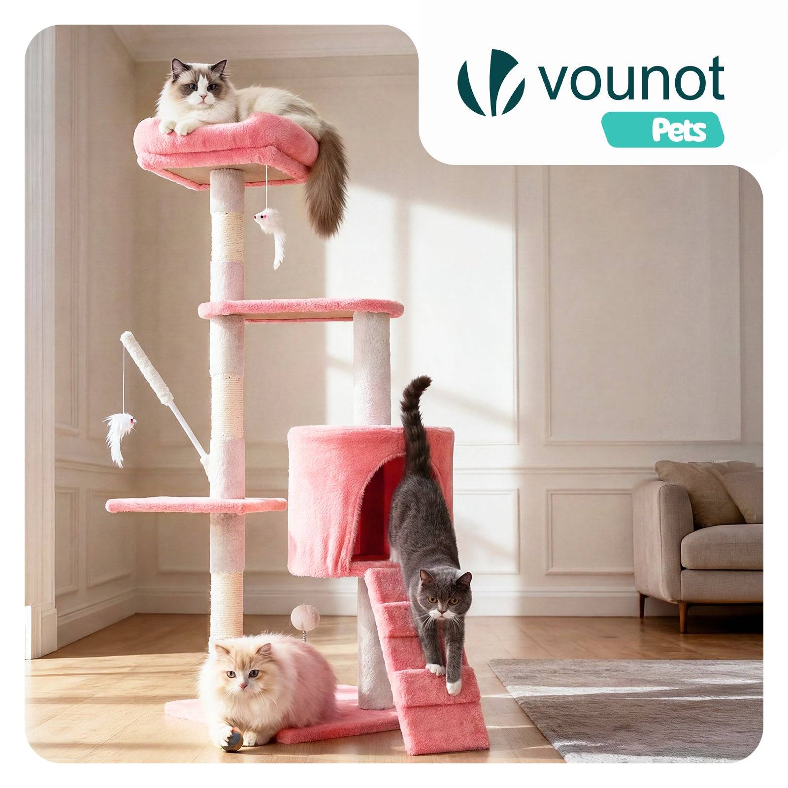 Vounot - Arbre à chat 112cm multi niveaux rose - avec griffoir, niche, jouet et plateforme - arbre à grimper - VOUNOT® - Image 2