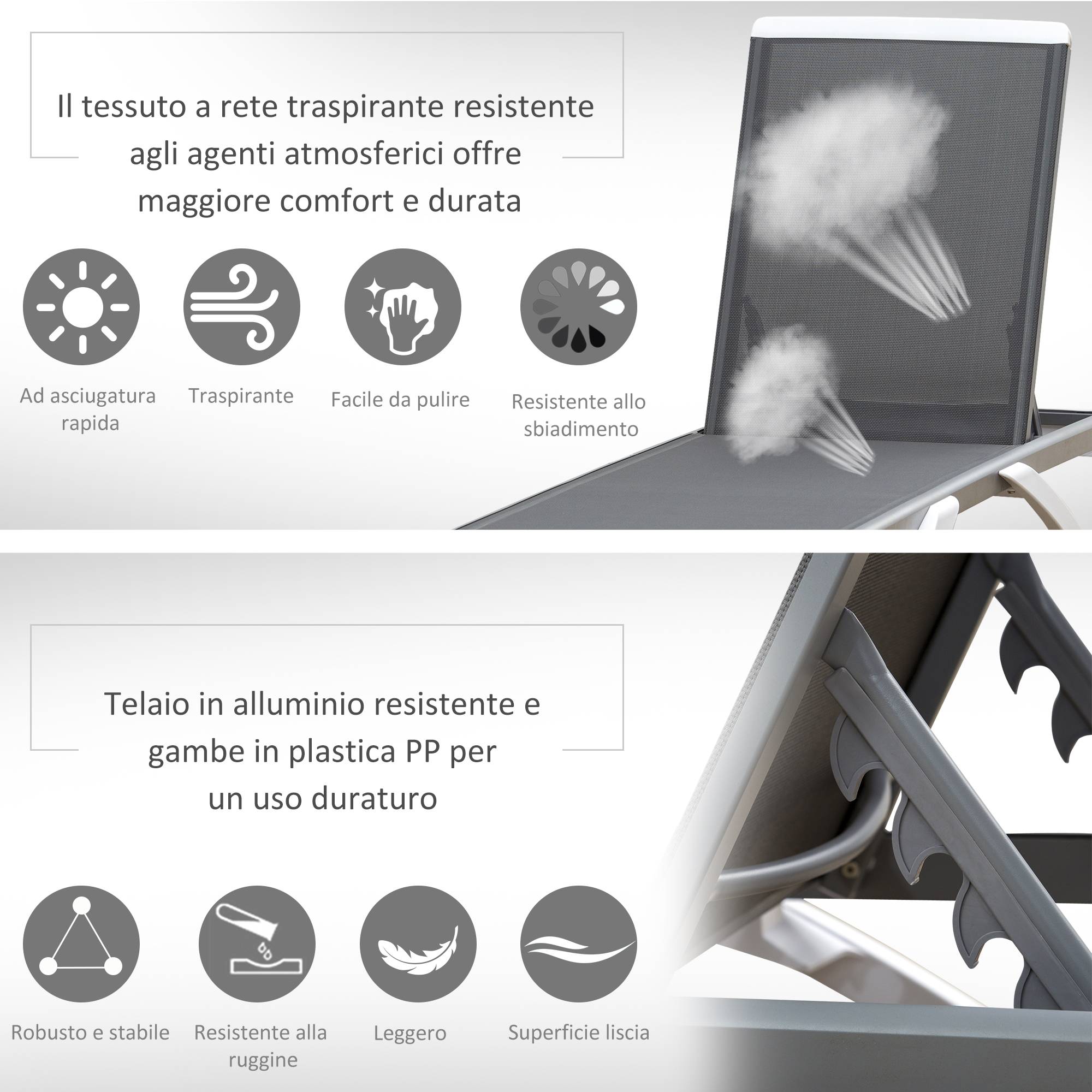 Sans Marque - Transat avec dossier inclinable et roulettes arrière, 195 x 67,5 x 33 cm, gris et blanc - Image 7