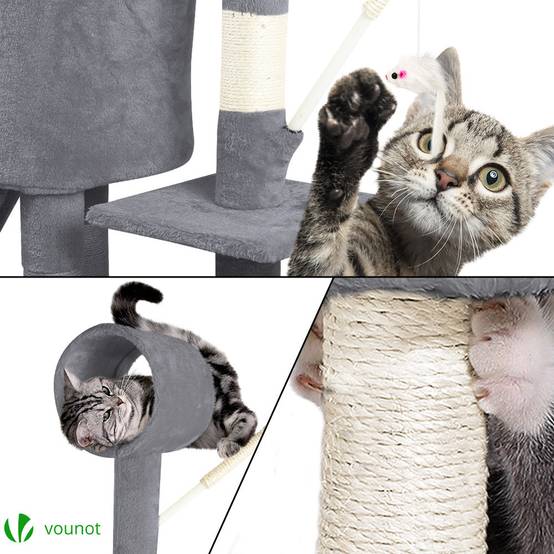 Vounot - Arbre à chat 154cm avec griffoir, niche et plateforme - Gris - Arbre à grimper pour chats - VOUNOT® - Image 3