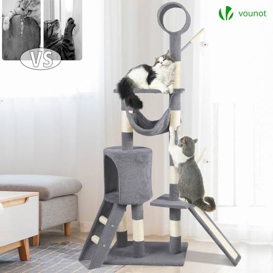 Vounot - Arbre à chat 154cm avec griffoir, niche et plateforme - Gris - Arbre à grimper pour chats - VOUNOT® - Image 5