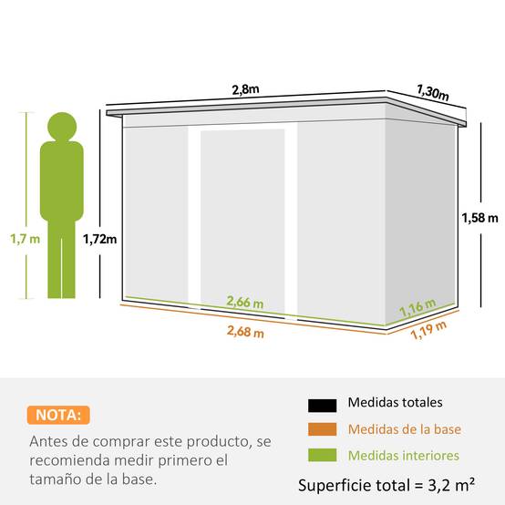 Remise de jardin 280x130x172 cm abri extérieur métallique outils vert olive - Image 5