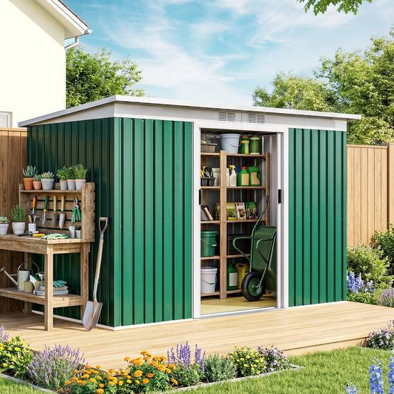 Remise de jardin 280x130x172 cm abri extérieur métallique outils vert olive - Image 3
