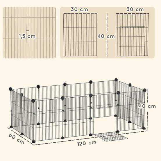 Enclos pour animaux de compagnie en métal à monter soi-même, 12 panneaux, tapis imperméable, pour cochons d'Inde et hérissons, 120 x 60 x 40 cm, noir - Image 5