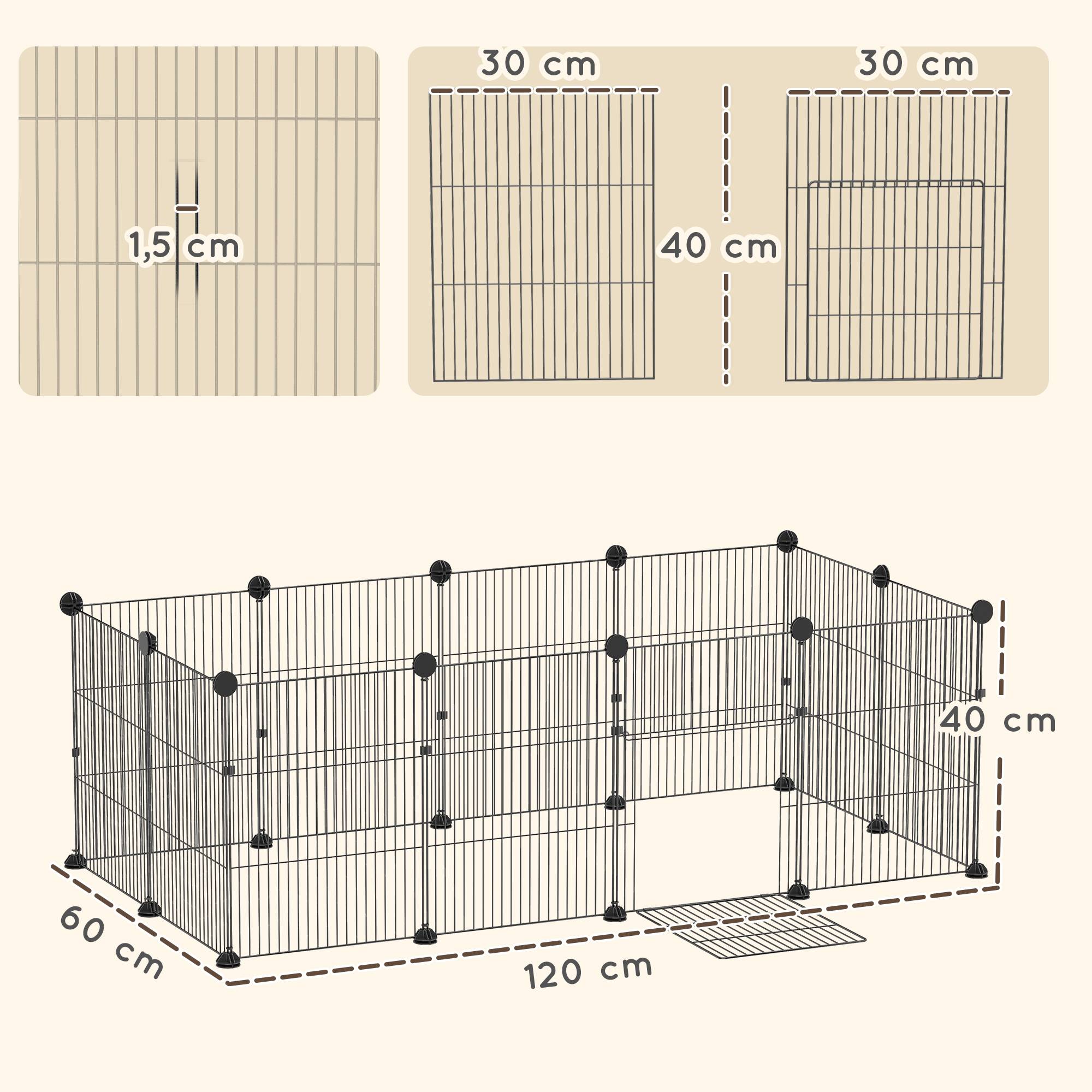Enclos pour animaux de compagnie en métal à monter soi-même, 12 panneaux, tapis imperméable, pour cochons d'Inde et hérissons, 120 x 60 x 40 cm, noir - Image 5