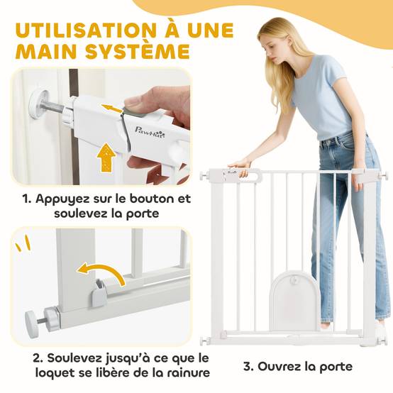 Barrière de sécurité acier avec porte pour animaux fermeture auto 75-82cm blanc - ComfortXL Outdoor Living - Image 6