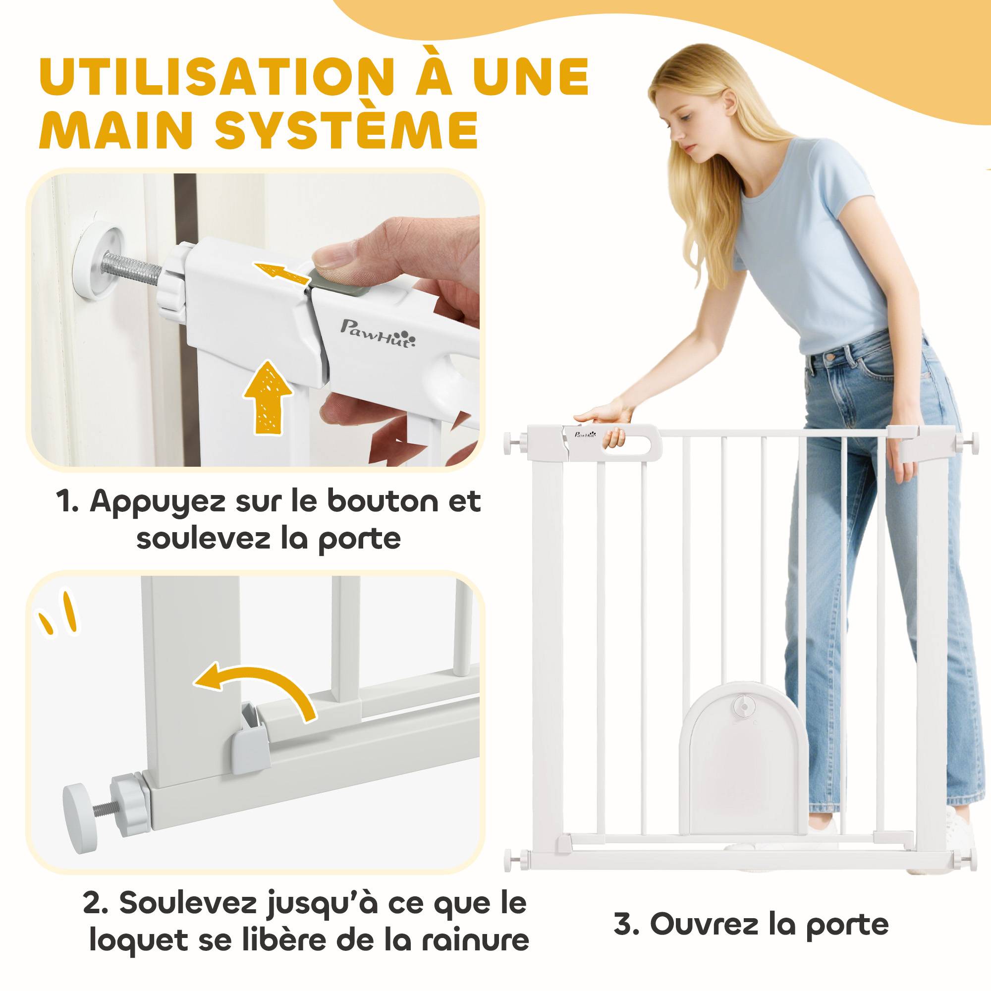 Barrière de sécurité acier avec porte pour animaux fermeture auto 75-82cm blanc - ComfortXL Outdoor Living - Image 6