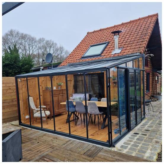 Serre adossée 11,85m² aluminium anthracite verre trempé 4mm Green Protect Luxe avec embase - Image 1