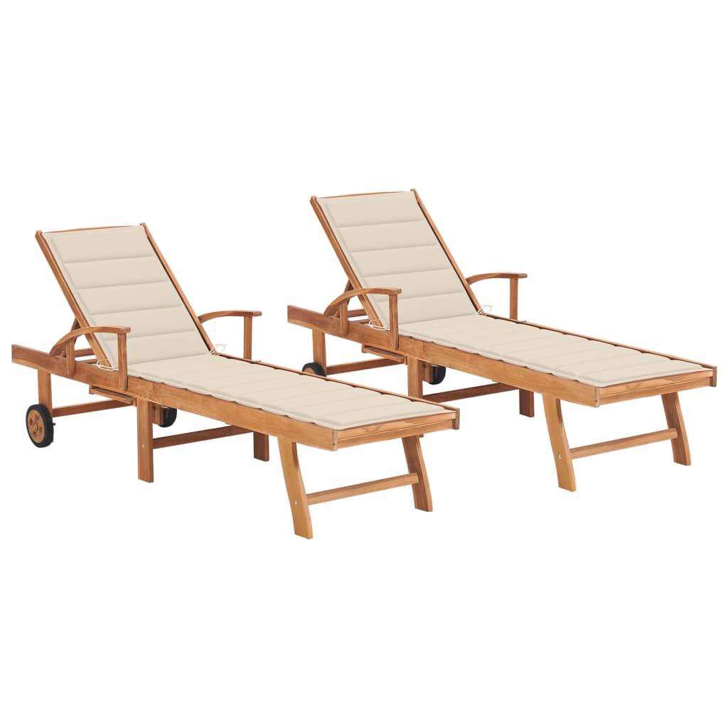 Helloshop26 - Lot de 2 transats chaise longue bain de soleil lit de jardin terrasse meuble d'extérieur avec coussin crème bois de teck solide - Image 1